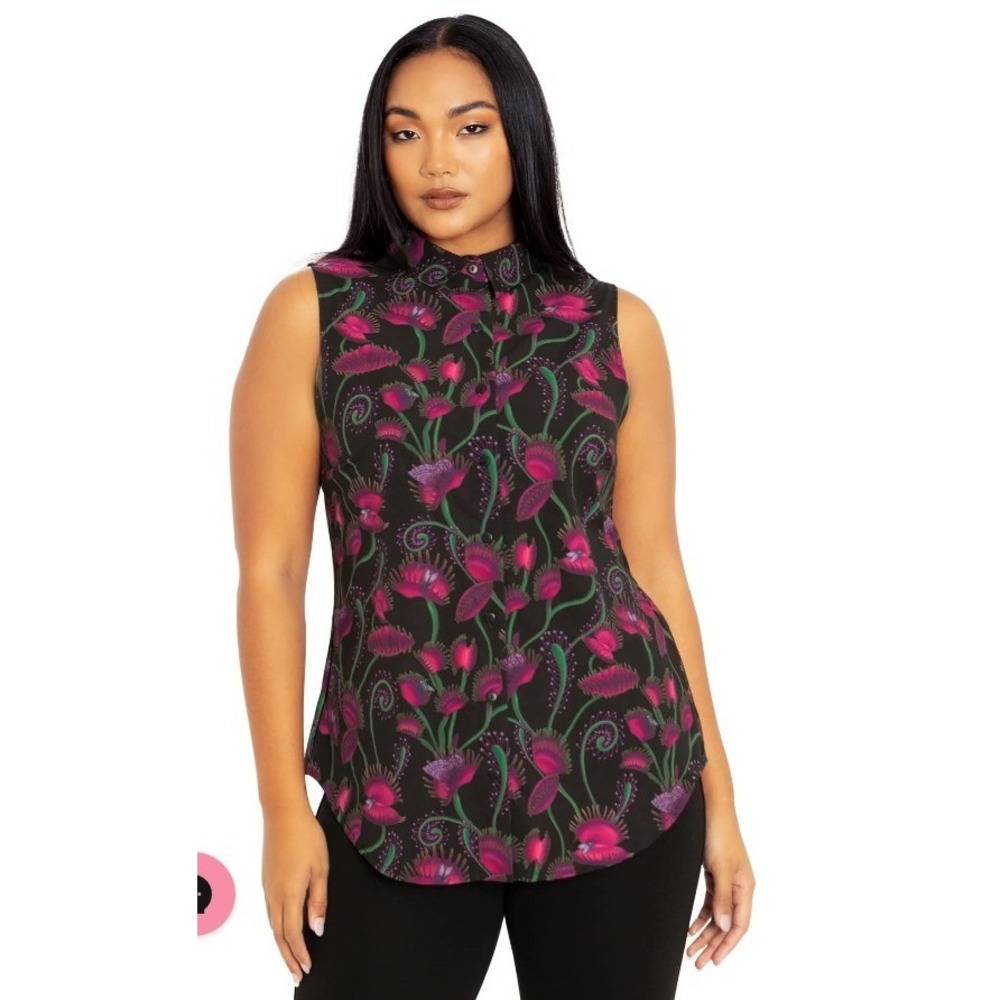 BLACKMILK Venus Flytrap Print Sleeveless Button Down Shirt Black Pink Sz L